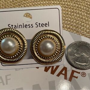 Gold and Pearl Stainless Steel Earrings